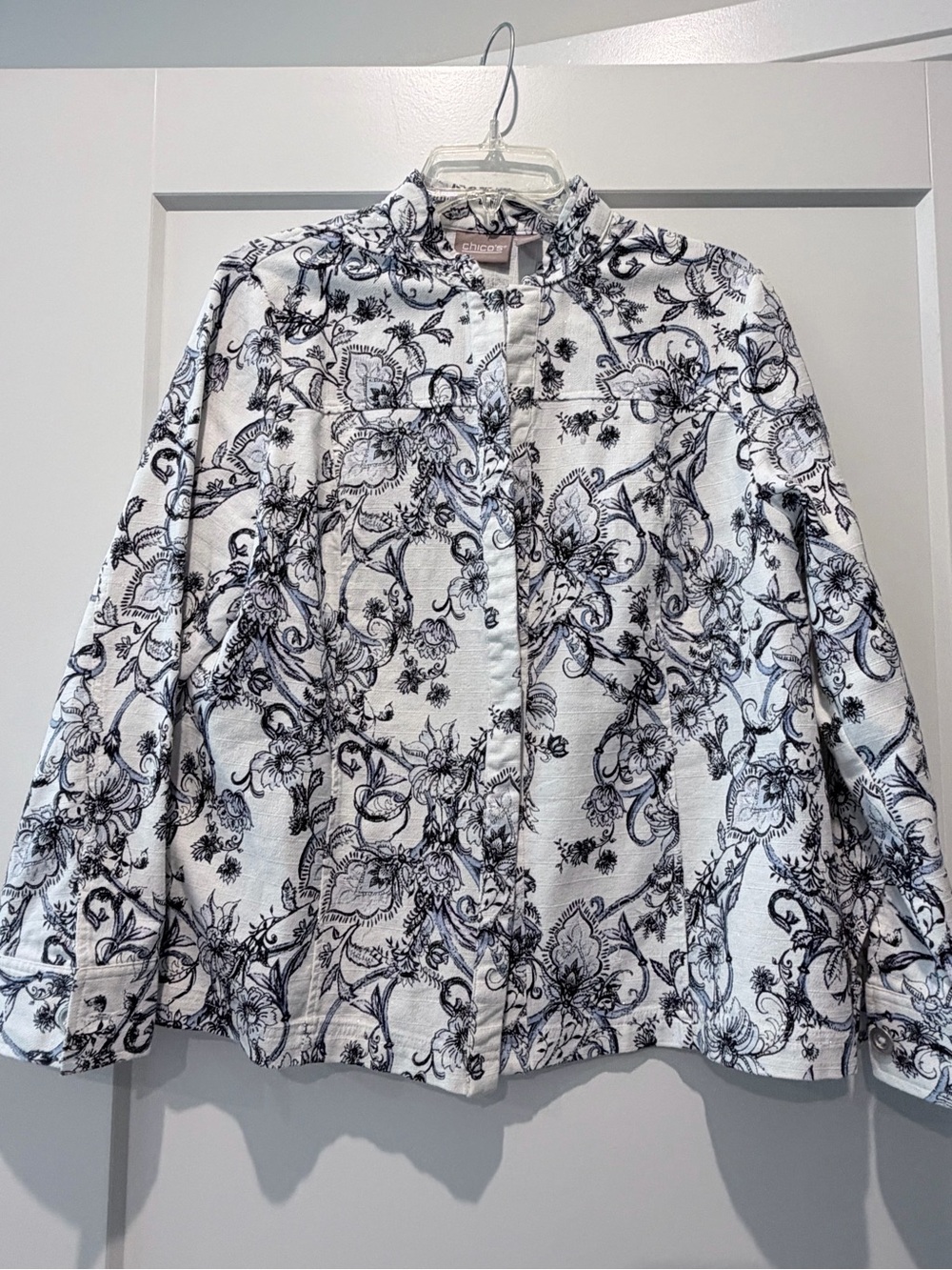 Chico's White Jacket and Navy Blue Floral Scroll Print